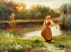 Late 19th Century French School, Washerwomen collecting water, oil on canvas, indistinctly signed '
