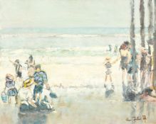 Ross Foster (20th/21st century), Figures on a beach with waves breaking beyond, oil on canvas,