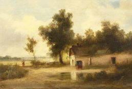 19th century, English school, Figures by a building in a rural landscape, oil on canvas, signed