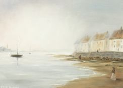 20th century British school, a coastal scene, with figures on the beach and church spire beyond, oil