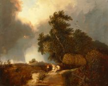 Circle of Edward Williams (1781-1855) British, Figure with a horse and cart on a country road with