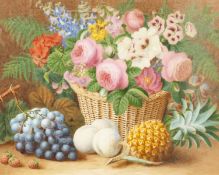 James Clapham (19th Century) British, A still life of mixed flowers in a basket with fruit,
