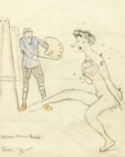 Edward Alfred Cucuel (1785-1954) American, An artist and model being attacked by bees, pencil and