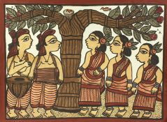 Vijay Chitraker (20th century) Indian, A scene of figures beneath the tree with a resting bird,