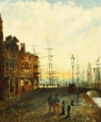 J. Hooper (19th century) British, A scene of figures conversing on a quayside with ships and masts