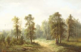 Ada stone (19th/20th century) British, A scene of a path between trees with a distant landscape, oil