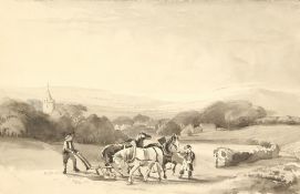 A ploughing scene, monochrome watercolour, 7