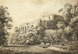 19th century, A castle landscape with two figures in the foreground, ink & wash, unframed, 10