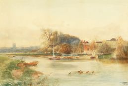 Henry Charles Fox (b.1860) British, A view across a river with buildings and a church beyond,