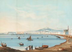 19th century Neapolitan school, view of the bay with hills beyond, gouache, 14