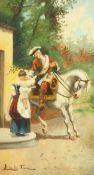 Luis de La Torre (1865-1914), An amorous gentleman on horseback receiving a drink from a lady, oil