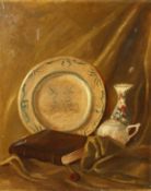 Follower of William Nicholson, a still life with china and a book, oil on canvas, 29