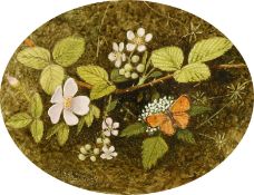 John Barnard, A still life study of a butterfly and flowers amongst brambles, oil on board, 5