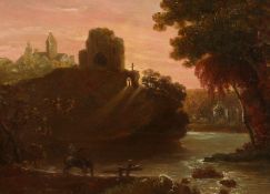 Mid 19th Century, A figure and horse watering at dusk with church buildings beyond, 10.5