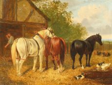 After Herring (19th century), Horses, sheep and ducks outside a barn, oil on board, 10
