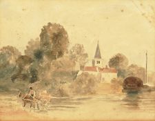 Circle of Peter de Wint (1784-1849) British, A figure on a horse and cart crossing a ford with a