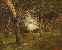 19th Century French School, A Barbizon scene of a figure in forest, indistinctly signed, 8