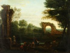 18th century Italian school, A scene of figures amongst Classical Ruins, oil on canvas, 15