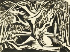 Paul Nash (1889-1946) British, A woodland scene with two figures, one reclining, woodblock print,