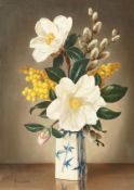 James Noble (b.1919) British, 'Mimosa Alory', a still life of mixed flowers in a blue and white