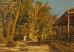 19th century English colonial school, a scene of a figure walking within a banana plantation, oil on