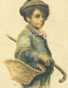 Italian school (Early 20th century), A child carrying a foraging basket and a cane, mixed media,