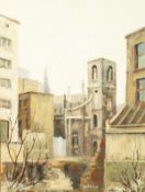 Gladys Denman (20th century) British, A view of a town with a river in the foreground, oil on board,