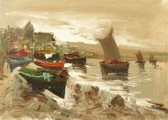 E. Vanni (20th century school), boats moored on a shoreline with town buildings beyond, oil on