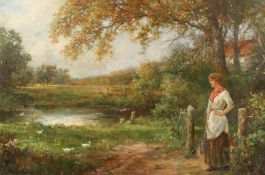 Stanley Leighton (1837-1901) British, A young lady with ducks by a river with fields beyond, oil