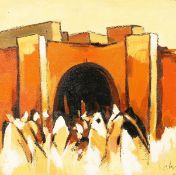 Middle Eastern School (20th century), figures by an arched gateway, oil on canvas, indistinctly