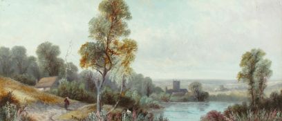 T. Hall (19th/20th century), A wayfarer on a riverside path with church buildings in the distance,