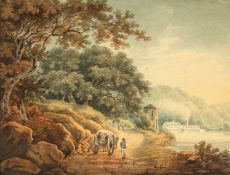 Style of Payne, A French scene of a path along a river with horse and cart, watercolour, monogramed,
