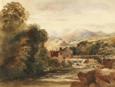 Follower of Peter de Wint. A river landscape with Milhouse and figure crossing a bridge,