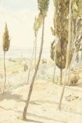 Follower of Edward Lear, A landscape of a Cyprian town on the horizon with trees in the