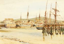 Walter Tyndale (1855-1943) British, A harbour scene with moored boats at low tide, watercolour,