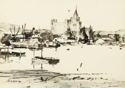 Edward Wesson (1910-1983) British, Sketch of a castle by a river, ink & wash, signed, 7.5