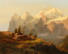 19th Century Austrian School, 'Aiger Monch and Jungfrau', a mountain scene with a chalet in the