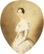 An oval portrait of a lady in a white dress, watercolour, 9
