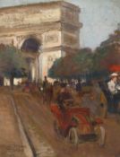A. Patay (early 20th century), Figures and motorists on a busy boulevard with l'Arc de Triomphe