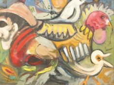 20th century Continental School, An oil on canvas painting featuring a man's head and birds,