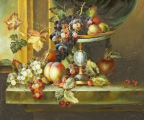 B. Ward (20th century), A still life of fruit and vines on a marble ledge, oil on canvas, signed,