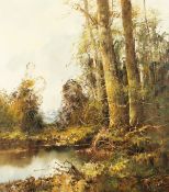 20th century European School, A wooded landscape with mountains beyond, oil on canvas,