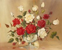 George Reekie (20th Century) British, A still life of roses in a glass vase, oil on board, signed,
