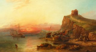 William James Durrant Ready (1823-1873) British, A coastal scene at sunset with figures and