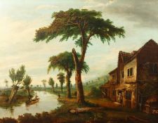 Early 19th century Continental School, A view of a riverside cottage with hills beyond, oil on