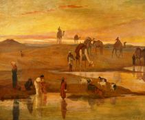 Frederick Goodall (1822-1904) British, A North African scene with figures, goats and camels, at