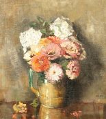 William George Robb (1872-1940) British, A still life of mixed flowers in a terracotta jug, oil on