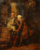 19th century, A scene of a tavern interior with a gentleman and a landlord, oil on canvas, 16