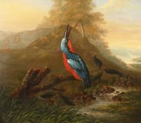 Circle of Philip Reinagle (1749-1833), A kingfisher on a branch with a river beyond, oil on