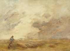 John Terris (1865-1914) British, 'With his Flock', a Shepherd and his dog with a flock of sheep,